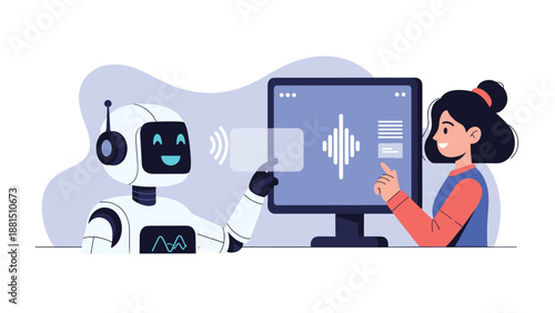 Humanoid robot and young girl interacting through a computer screen displaying audio waves to represent artificial intelligence in education.
