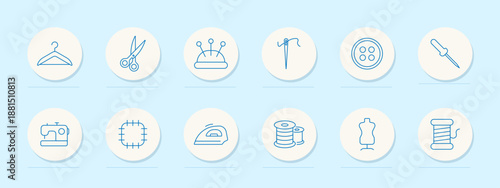 Sewing set icon. Hanger, scissors, pin cushion, needle, button, awl, machine, patch, iron, spool, mannequin, thread. Tailor, textile, tool, fashion, fabric, craft, design, handmade, stitch.