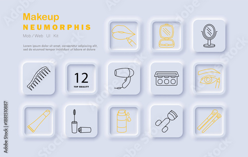 Makeup set icon. Lipstick, lips, mirror, eye shadow, foundation, mascara, brushes, powder, compact, comb, dryer