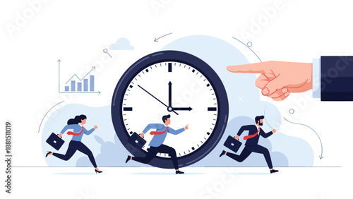 Group of business people running frantically in front of a giant clock while a massive hand points direction to show deadline urgency and stress.
