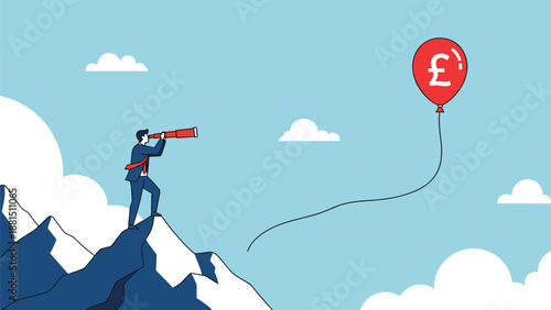 Visionary businessman standing on a mountain peak looking through a telescope at a pound sterling balloon representing inflation and forecasting.