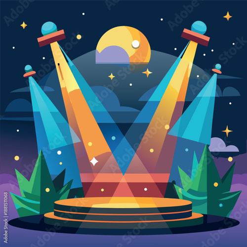 A colorful stage at night with bright spotlights shining down, glowing lights