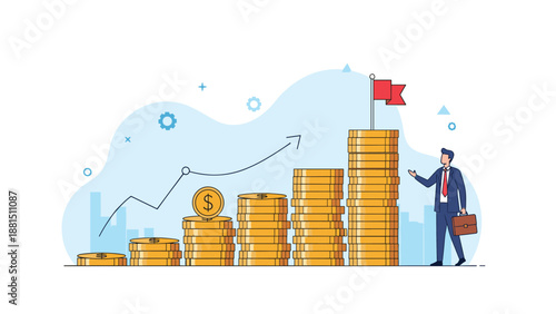 Corporate businessman presenting a series of growing coin stacks with a red flag at the peak to illustrate reaching financial targets and success.