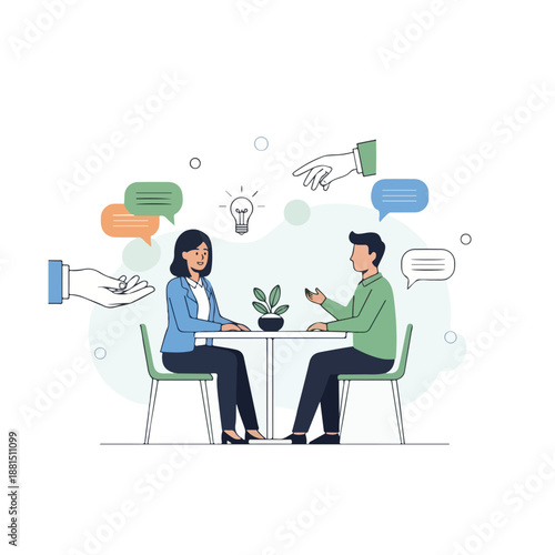 Two people sitting at a table talking