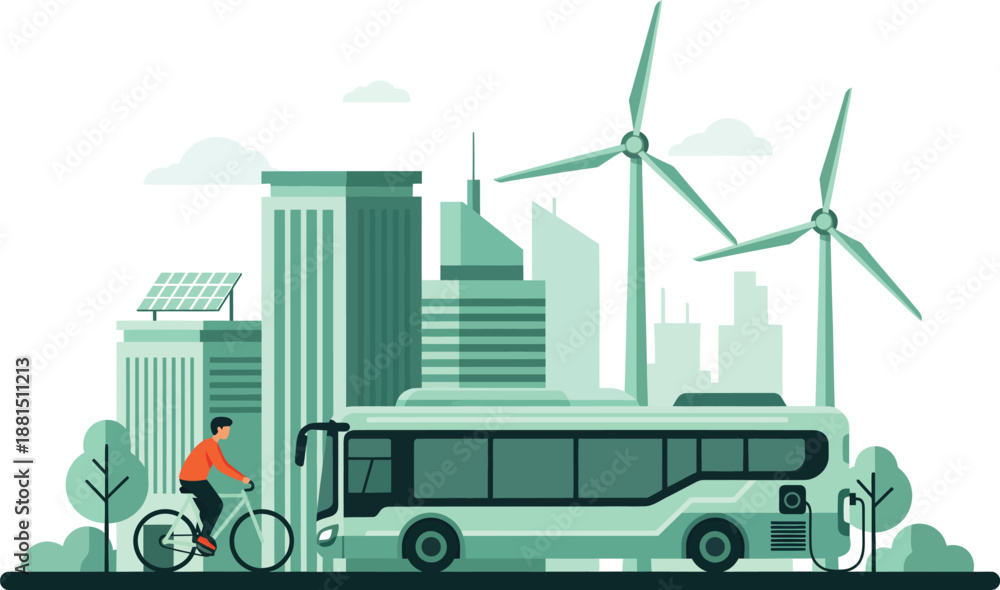 Fototapeta premium Green city transportation electric bus, cyclist, wind turbines, and sustainable buildings