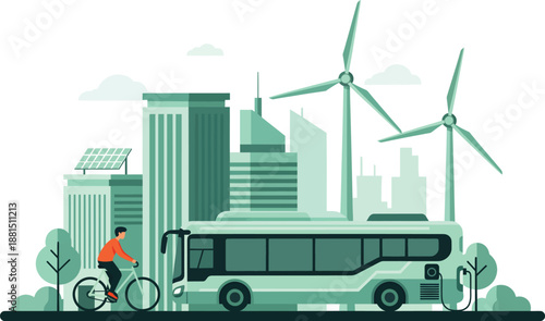 Green city transportation electric bus, cyclist, wind turbines, and sustainable buildings