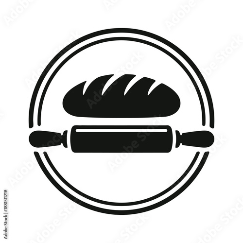 Silhouette of a rolling pin and bread in a circle
