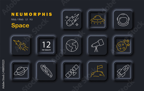 Space set icon. Planet, rocket, star, UFO, telescope, flag, astronaut, satellite, meteor, moon, comet, galaxy, earth in outlined neumorphic cosmic theme.