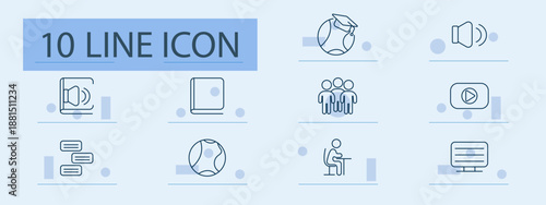 E-learning set icon. Audio, globe, speaker, book, group, video, dialog, ball, desk, screen. Study, communication, online, language, platform, education, media, digital, teamwork, course.
