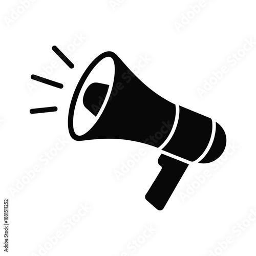 A black silhouette of a megaphone on a white background