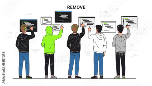 Diverse Team Collaborating on Software Development Project, Coding on Screens