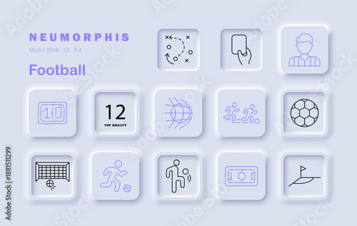 Football set icon. Displays players, goal, tactics, referee, whistle, field, card, scoreboard, flag, jersey, motion, ball, pass in neumorphic sports tiles
