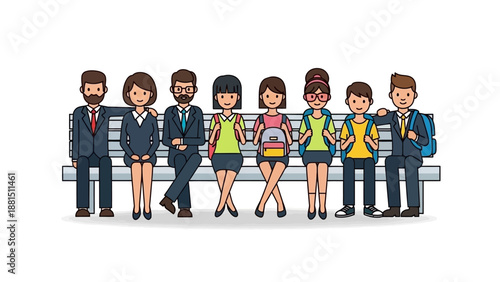 A diverse group of adults and children sitting together on a bench, representing community and education.