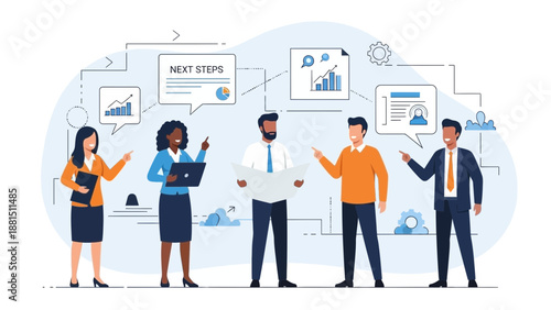 Diverse business team planning next steps with charts and data