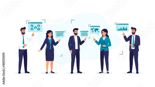 Diverse business team presenting data and global connections