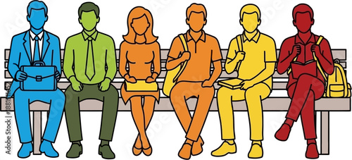 Six diverse people sitting on a bench, representing different professions or stages of life, waiting together.