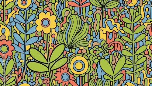 Vibrant psychedelic floral pattern with stylized plants and flowers in a retro groovy design, featuring a mix of green, blue, yellow, and orange hues.