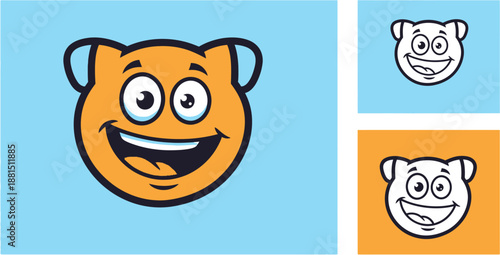 A cheerful cartoon bear face with a wide smile and big eyes, presented in color and outline variations.