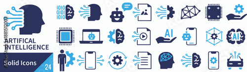 Artificial intelligence solid icons set of ai and automation