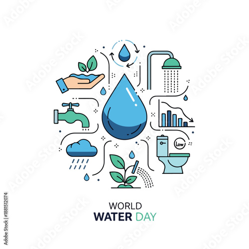 A blue water droplet surrounded by various water-related icons