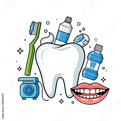 A cartoon image of oral care products with a tooth, toothbrush, and mouth