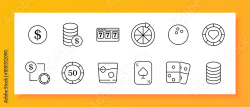 Casino game set icon. Chip, card, domino, roulette, drink, dice, money, token, slot, bet, entertainment, poker, luck, wheel, fortune, win, gambling, play, prize, cash