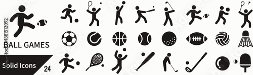 Ball games solid icons for sports and recreation