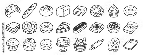 Bakery products and baking accessories line drawing