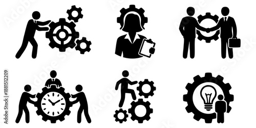 People working together on gears and machinery, collaborating on ideas and projects, using teamwork and problem-solving skills.