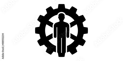 A person standing inside a gear, symbolizing industry and technology, viewed from the front