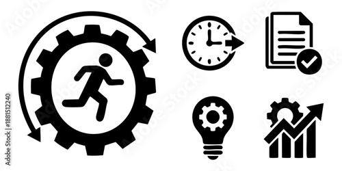 Optimizing workflow and process improvement icons illustrating productivity and efficiency