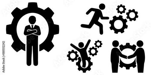Business professionals collaborating and brainstorming ideas with gears and cogs representing teamwork and innovation in a modern workplace environment from a conceptual viewpoint
