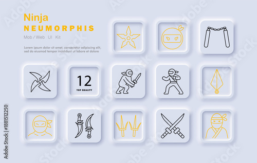 Ninja set icon. Shuriken, sword, sai, mask, nunchaku, movement, cloak, stealth, weapon, throw, pose elements of martial skill and stealth culture
