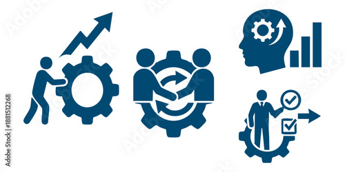 Business strategy and teamwork icons representing collaboration, growth, and innovative thinking in a professional setting