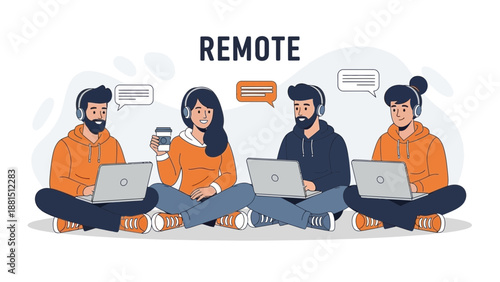 Diverse remote team working together on laptops, communication and collaboration concept
