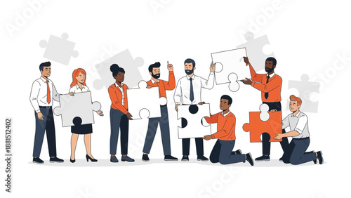 Diverse team assembling puzzle pieces, symbolizing collaboration and problem-solving