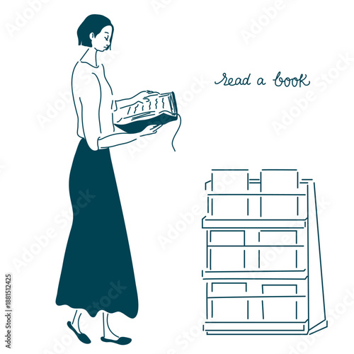 本を読む女性のラフスケッチ（ラインアート）