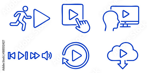 Multimedia control icons set illustrating various media functions and interactions in a simple, outline style on a clean background