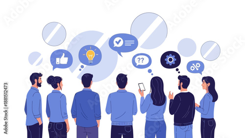 Diverse team brainstorming ideas and communicating with speech bubbles, modern flat illustration