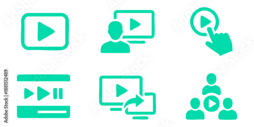 Collection of video icons representing multimedia content on digital devices and user interaction with a clean and simple design style