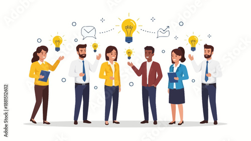 Diverse team brainstorming ideas, lightbulbs symbolizing innovation and creativity