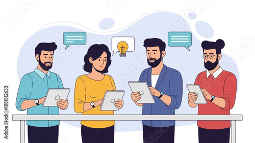 Diverse team brainstorming ideas, using tablets and speech bubbles, lightbulb icon