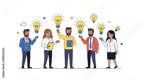 Diverse team brainstorming innovative ideas with glowing lightbulbs illustration