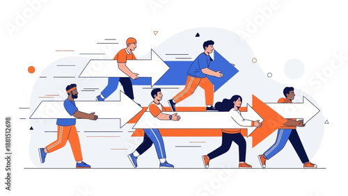 Diverse team carrying forward arrows, symbolizing progress and teamwork