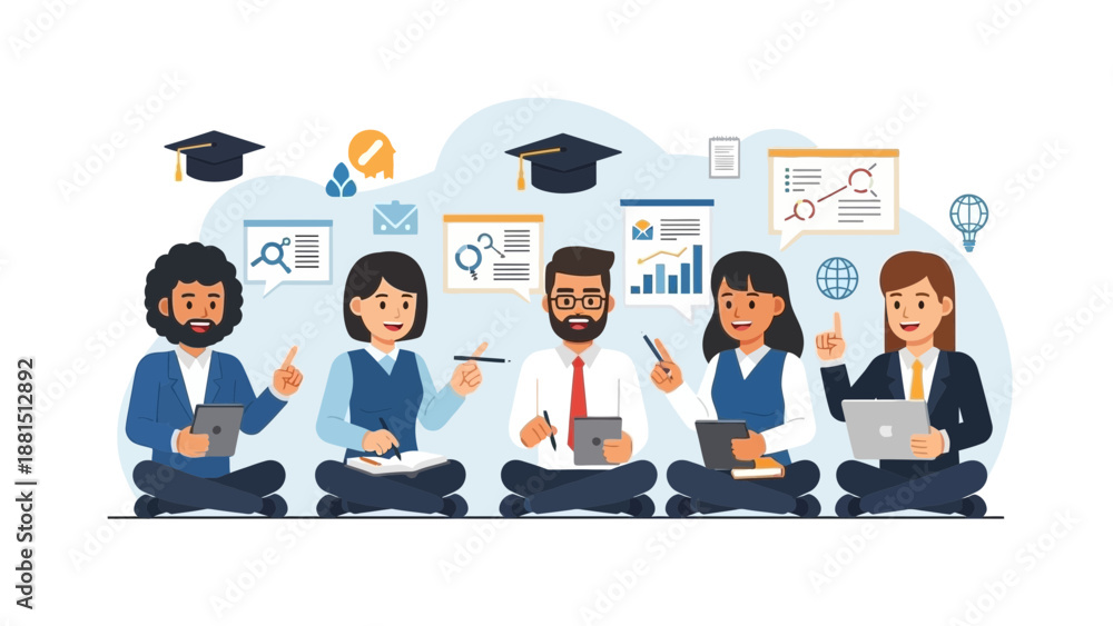 Obraz premium Diverse team collaborating and learning, brainstorming ideas, flat design