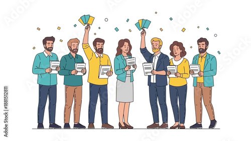 Diverse team celebrating success, holding documents and fan charts, confetti falling