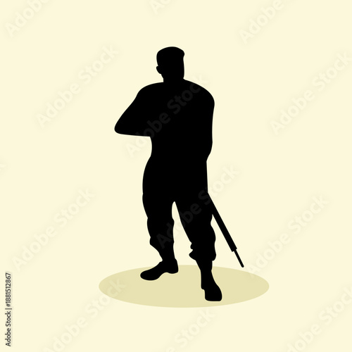 Silhouette of a man holding a snipper gun concept design. Icon of figure a people hold a long machine gun. Vector illustration.