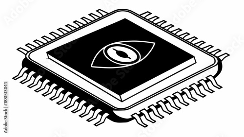 Detailed illustration of a microchip with an eye symbol on its surface, representing surveillance technology and artificial intelligence concepts