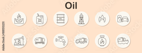 Oil set icon. Barrel, canister, refinery, pump, drop, fire, gas station, valve, truck, bottle, platform. Energy, fuel, industry, pipeline, transport, liquid, extraction, gas, economy.