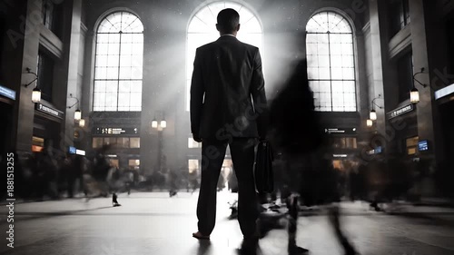 Entering a grand transit hall in a suit with a briefcase